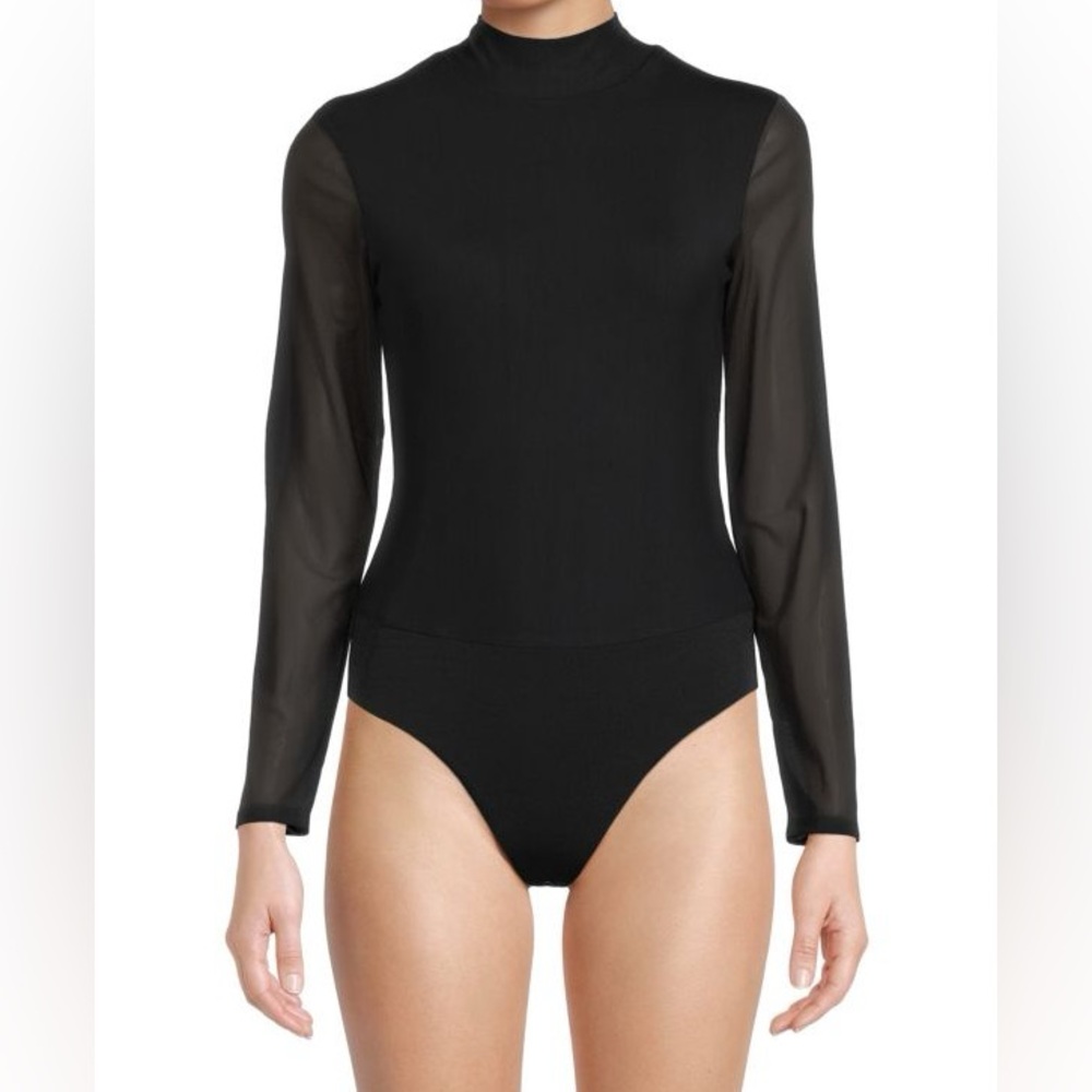 NWT Elie Tahari Mockneck Mesh Sleeve Bodysuit. Black. Sz L